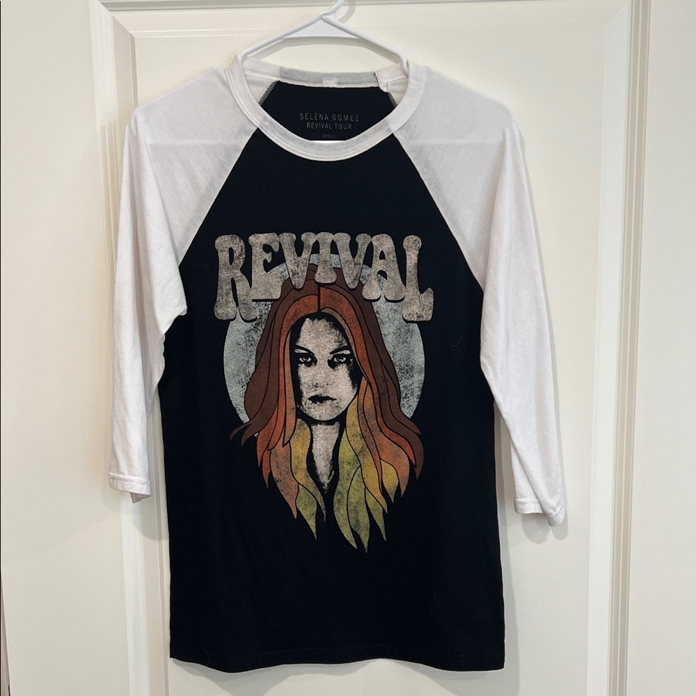 Selena Gomez Black & White Raglan Revival Graphic Tee with Multicolor Artwork